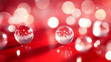 18. A scattering of transparent balls with subtle highlights from a light source on a red background