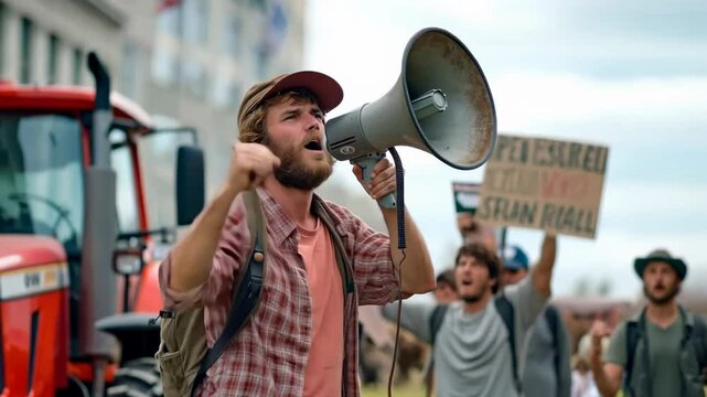 Tractor strike: dynamic video showcasing a farmer's demonstration with raised fists, a megaphone, and agricultural machinery, representing rural unrest and the pursuit of agricultural justice .