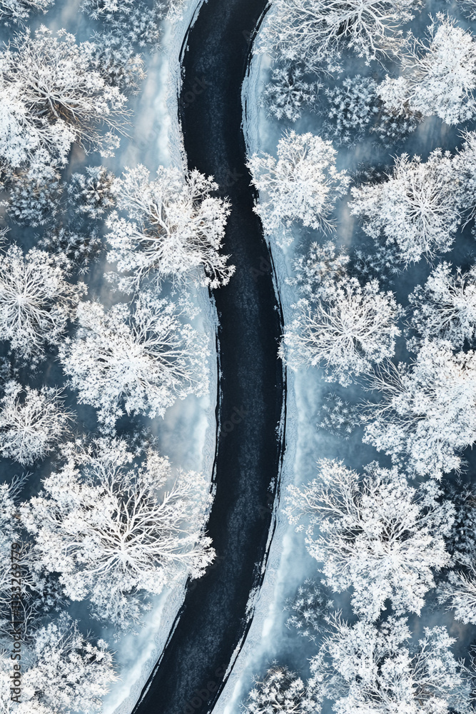 Aufkleber winter landscape featuring a winding river surrounded by snow-covered trees in a serene setting