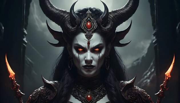 Lilith Diablo IV: Queen of the Succubi, Dark Fantasy Portrait, Glowing Eyes, Intricate Horns, Demonic Empress