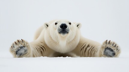 11. A polar bear stretching its body with its paws reaching forward on a white background