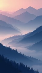 Fototapeta premium A breathtaking view of layered mountains shrouded in mist, illuminated by the soft hues of dawn. The tranquil scene evokes a sense of peace and wonder, showcasing the beauty of natures serene