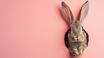 Fototapeta premium A cute little rabbit peeking out of hole