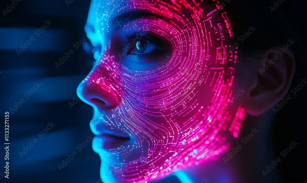 Poster a close-up of a woman's face illuminated by colorful digital patterns.