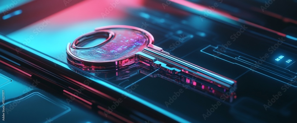 Poster A digital key resting on a futuristic interface, symbolizing security.