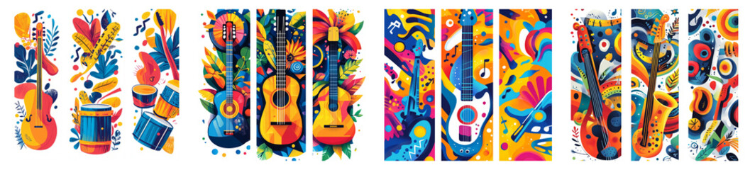 Colorful Musical Instruments on Transparent Background