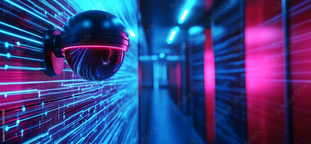 Poster a futuristic hallway featuring a surveillance camera and digital patterns.
