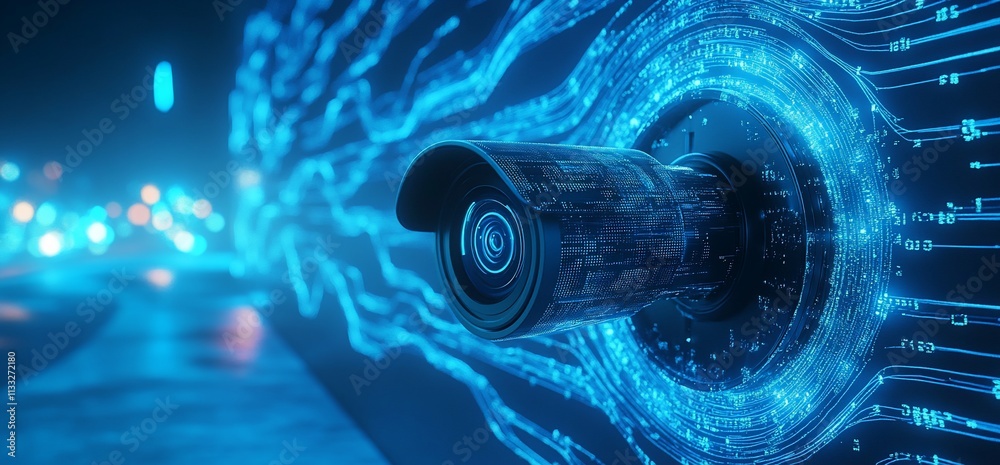 Poster a futuristic surveillance camera against a digital backdrop of data streams.