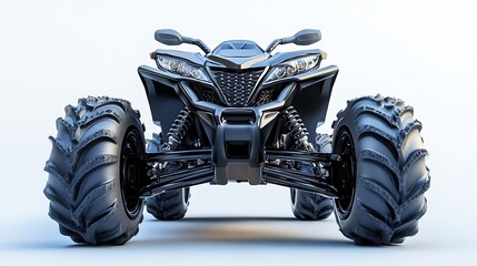 1. A close-up of an ATV car's front view with large wheels, on a white background