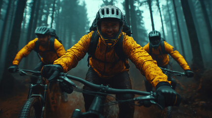 Adventurous cyclists exploring misty forest trails in vibrant yellow gear