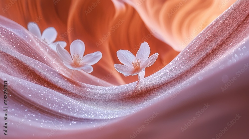 Poster Intricate rock formations create a captivating display of colors in Antelope Canyon, with soft light illuminating stunning flowers amidst the smooth curves of the sandstone