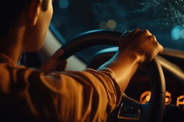 Obraz premium A man drives his car at night with high beams on