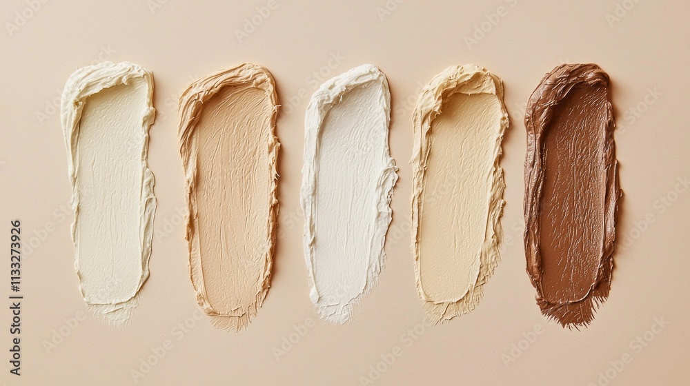 Poster Four unique cream shades are artistically arranged in a flat lay format on a soft backdrop, showcasing their diverse textures and subtle variations. Each shade tells a different story