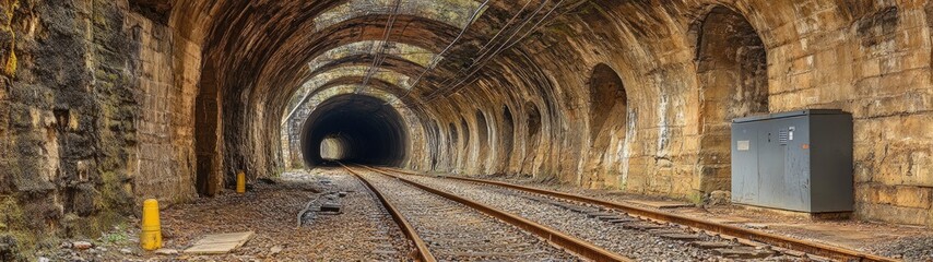 Naklejka premium Old stone railway tunnel with tracks leading to darkness.