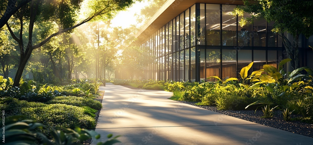 Poster A serene pathway leads to a modern building surrounded by lush greenery.