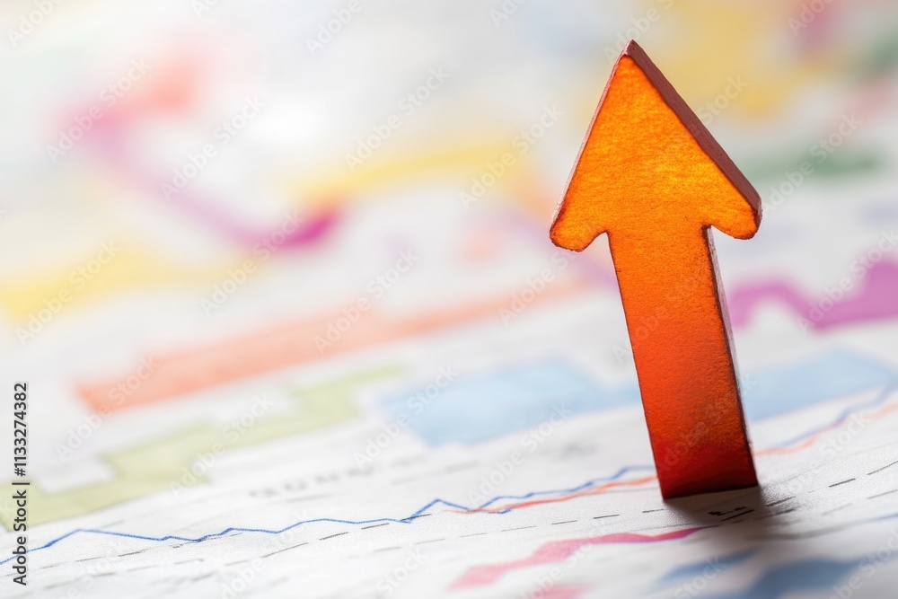 Poster a wooden arrow pointing upwards on a map