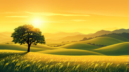Naklejka premium Sunrise over rolling hills and a meadow with a single tree. Meadow. Illustration