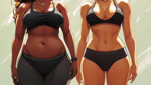 illustration of plus sized black woman standing next to a caucasian fit woman