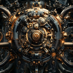 Intricate Steampunk Machinery Gears and Pipes Close-up. This close-up showcases a complex network of gears, pipes, and other steampunk-inspired mechanical components.