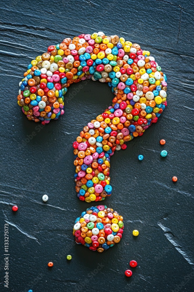 Poster a question mark made out of colorful sprinkles on a dark background