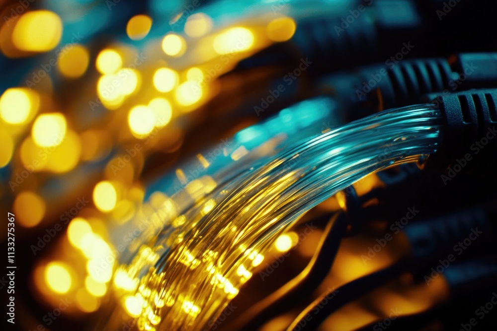 Poster A close-up view of tangled electrical wires, lit from behind by soft lighting