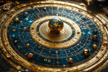 Golden and blue astrological circle with a large ball in the center