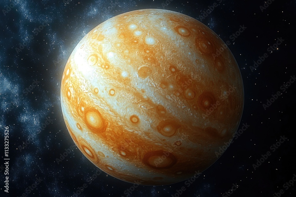 Poster a massive orange planet with a bright star shining in the background, ideal for space and astronomy-