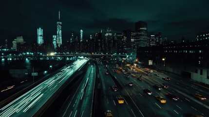 Fototapeta premium City lights shimmer as cars rush and skyscrapers loom in the night, capturing the heartbeat of urban life in New York