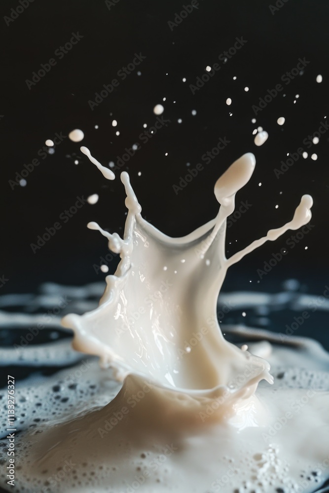 Poster a splash of milk spilled onto the surface of a table, with a white liquid pooling around the edge