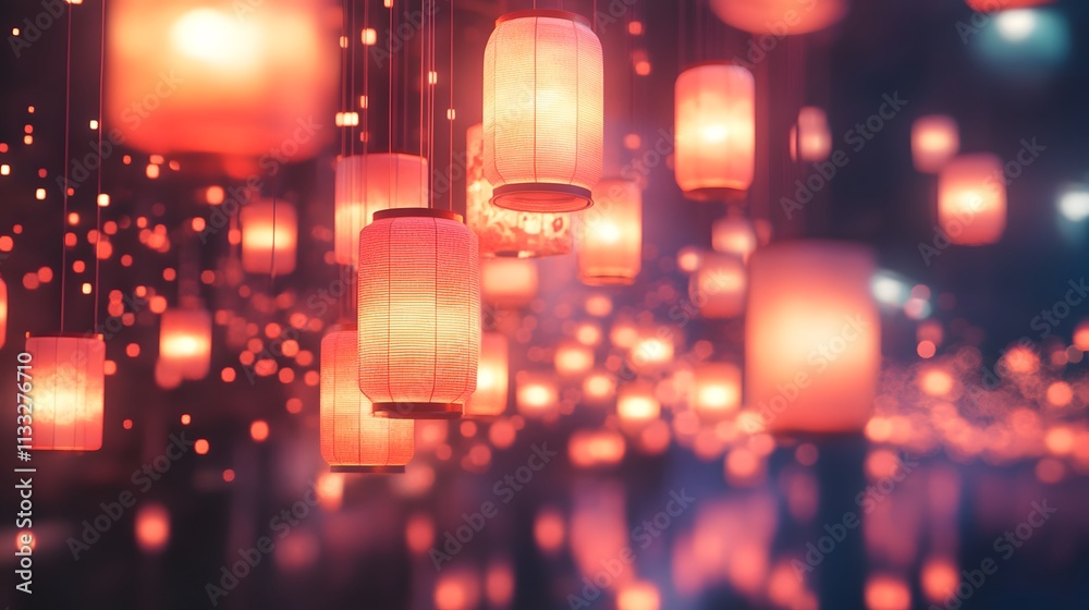 Poster enchanting nightscape with glowing lanterns hanging from above, creating a dreamy ambiance full of s