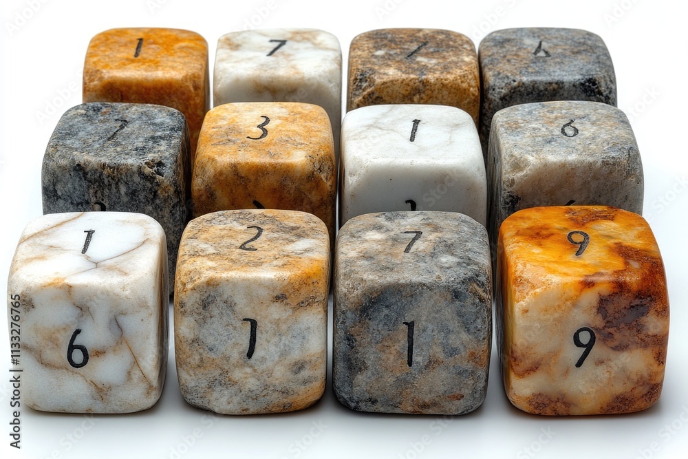 Poster A set of marble dice with numbers on each side, perfect for use in board games or as decorative items
