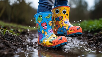 Colorful rain boots splashing in puddles on a playful outdoor adventure.