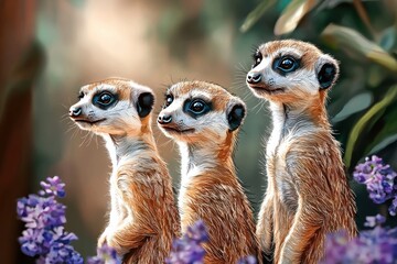 Watercolor artwork of three meerkats exploring a field of purple flowers in soft light