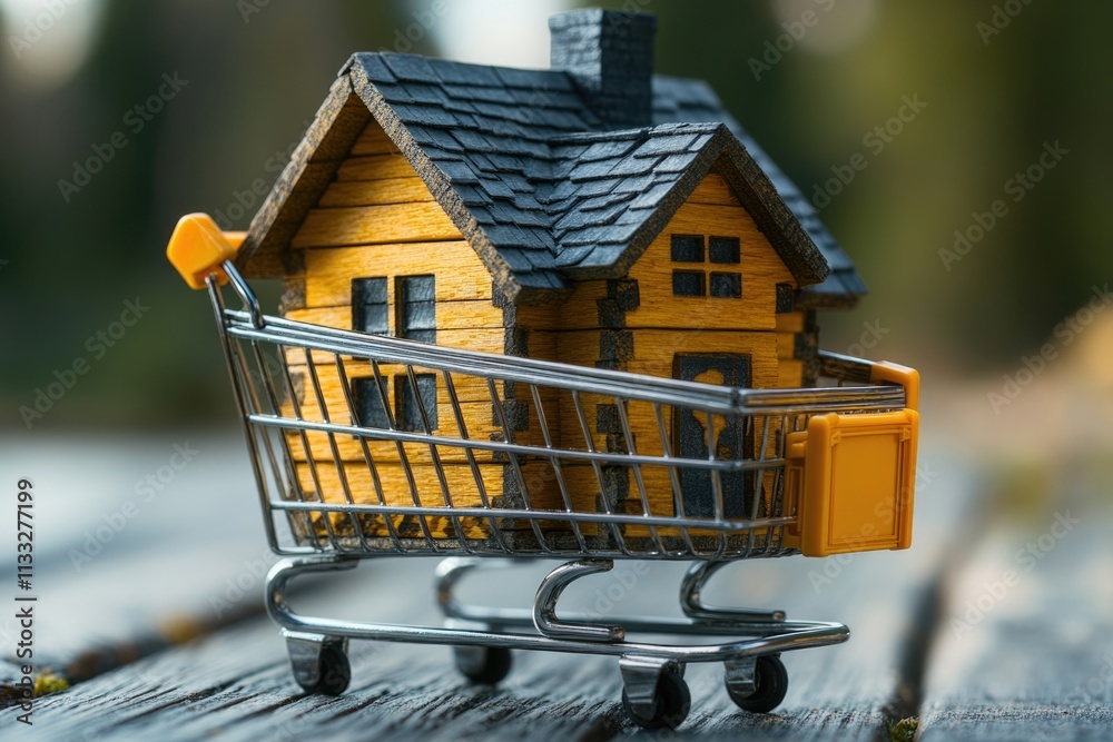 Poster A small scale model of a house placed inside a shopping cart on a table