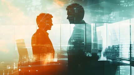 Two Businessmen Silhouetted Against Cityscape Background