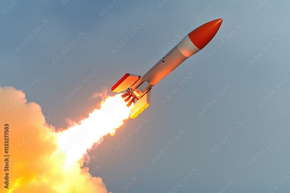 Aufkleber a red and white rocket soaring through the air, ideal for use as a visual representation of innovati