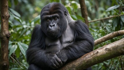 Fototapeta premium Mountain gorilla sitting on a branch with a contemplative expression in a lush jungle