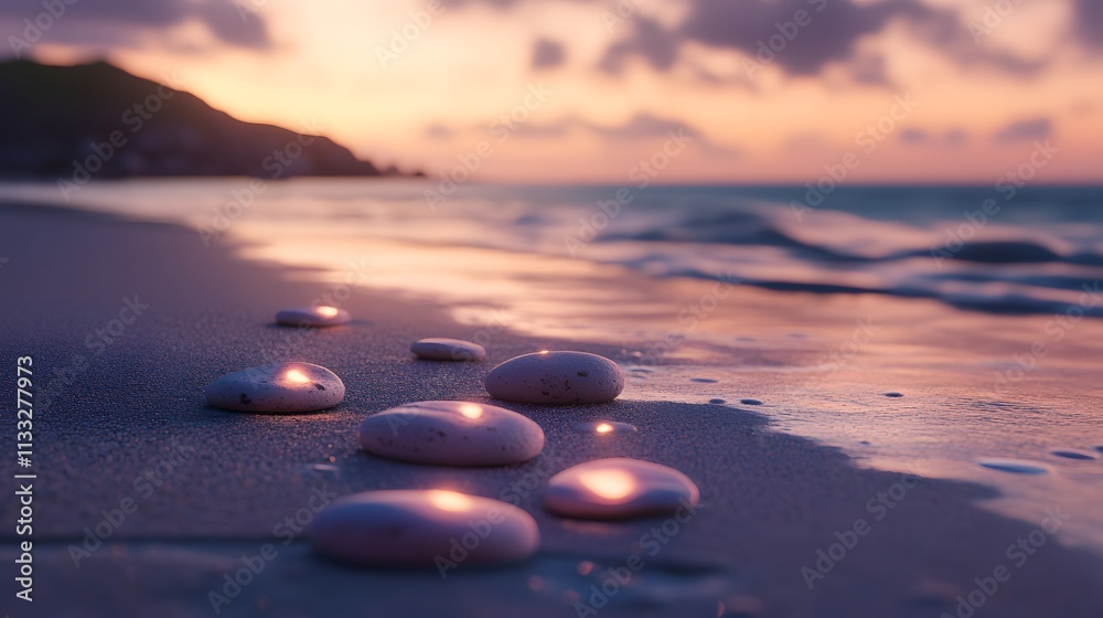Poster Tranquil Sunset Over Beach with Smooth Stones and Gentle Waves Creating an Atmospheric Scene of Relaxation and Serenity at the Shoreline
