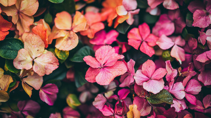 Vibrant Display of Colorful Hydrangea Blooms in Varying Shades of Pink, Purple, and Peach for Nature Lovers and Garden Aficionados