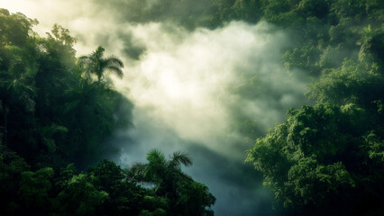 Breathtaking aerial view of a foggy jungle, featuring sunlight rays piercing through the dense tropical forest canopy, evoking tranquility.