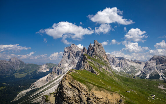 Famous Dolomites view from Seceda ridge, Italian Alps, Europe