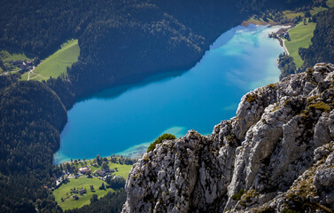 View of Hintersteiner lake from mount Scheffauer summit, austrian alps