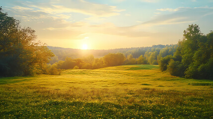 Naklejka premium Scenic landscape at sunrise with forest and meadow. Meadow. Illustration