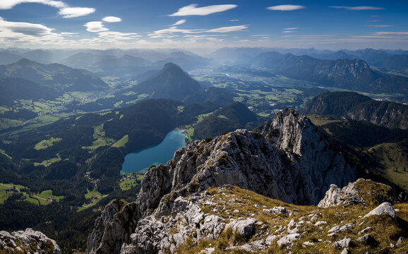 Panorama view of mount Scheffauer summit with Hintersteiner lake in foreground, austrian alps