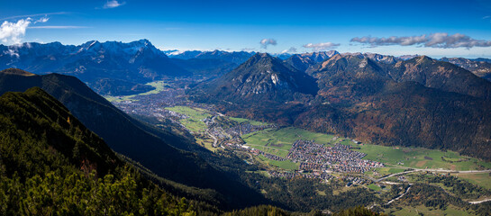 Panorama of Zugspitze, Kramerspitz and Garmisch-Partenkirchen from Hoher Fricken, German Alps, Bavaria