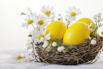Obraz premium A close-up of three yellow eggs surrounded by daisies, great for spring or Easter-themed content