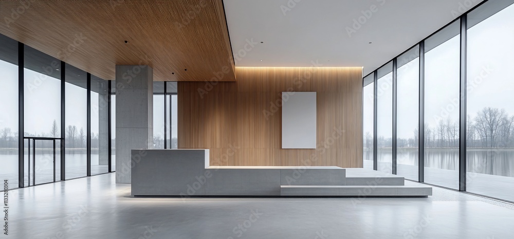 Poster modern interior space with large windows and minimalist design elements.