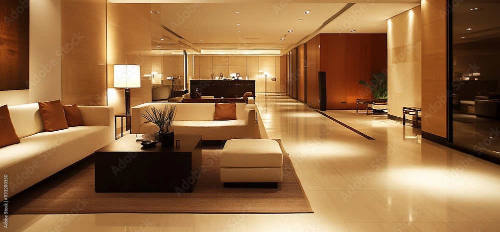Poster modern lobby with elegant seating and warm lighting for relaxation and reception.