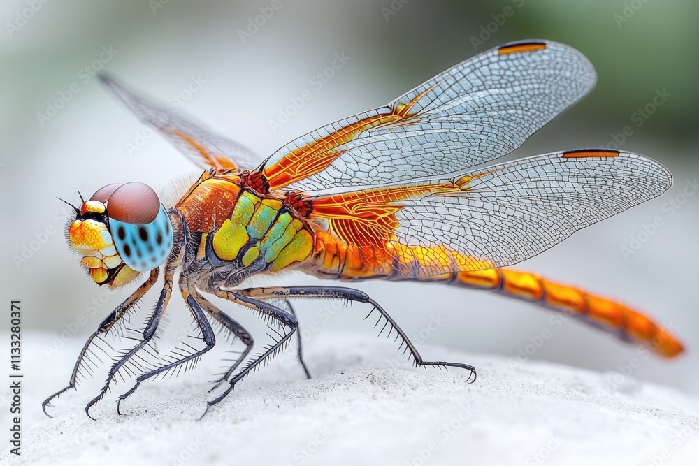 Poster close-up of a dragonfly perched on a rock, showcasing its delicate features