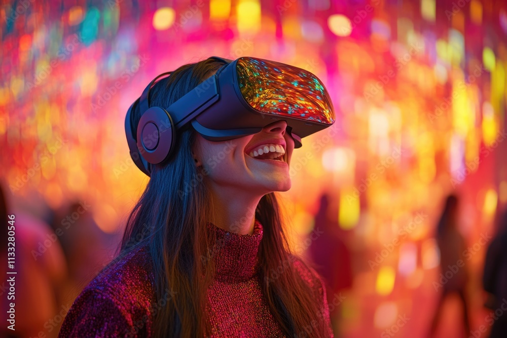Poster woman enjoying virtual reality experience at social gathering, possible for use in articles about te